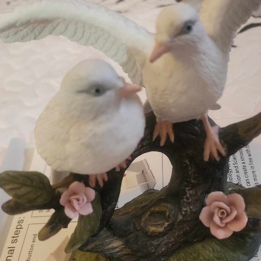 Antique White and Green Bird Sculpture with Pink Accents